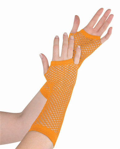 12 PACK 80's Long Fishnet Gloves - Neon Orange 1231