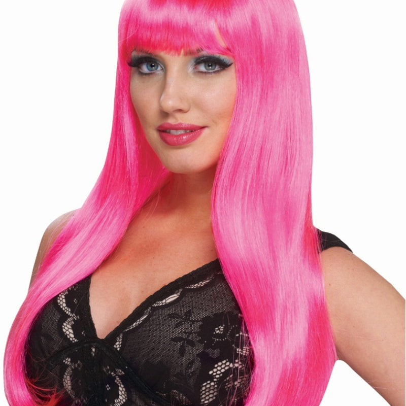 80's Neon Pink Long Wig With Bangs 6077