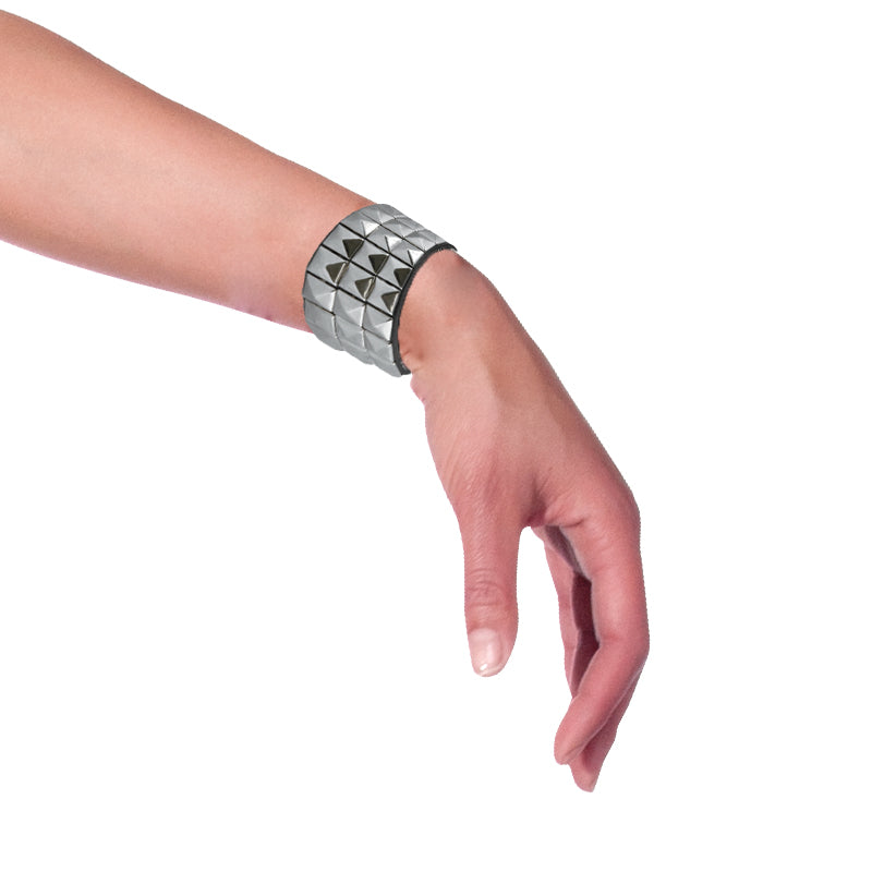 3-Row Silver Studded Biker Wristband 6506
