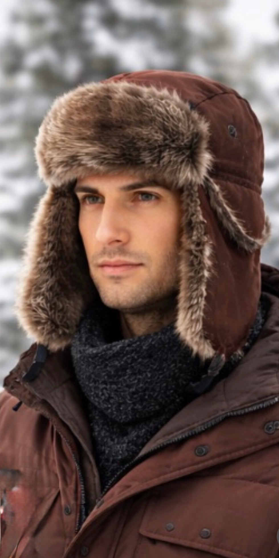 Brown Trapper Hat with Grey Faux Fur 5831 12 PACK  22.5" Standard Adjustable Strap