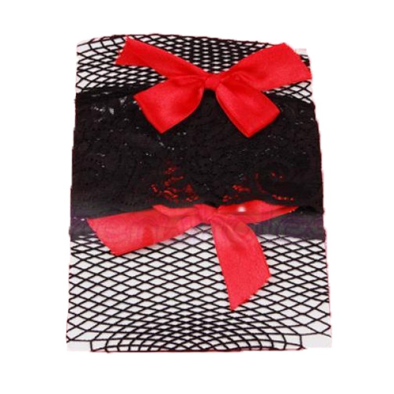 Black Fishnet Thigh High with Red Bows 8036