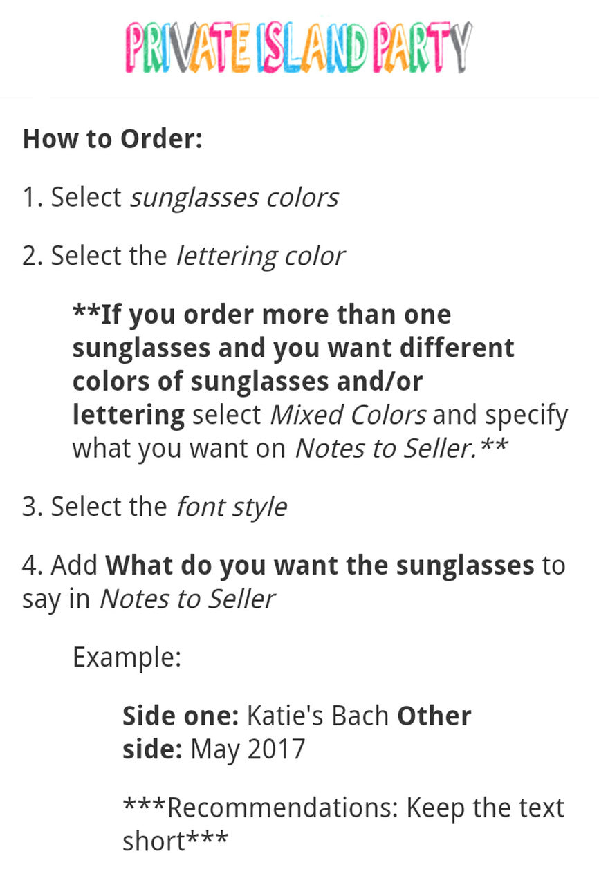 Custom Sunglasses Decal | Personalized Sunglasses Decal |  Wedding Party Favors 15048 (Fonts in Picture Gallery)