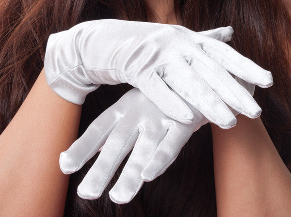 White Short Satin Gloves Adult  9" 1202